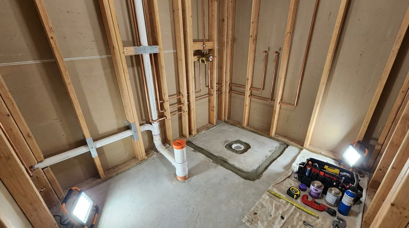 Bathroom rough-in plumbing during remodel by Johns Plumbing LLC in Enterprise