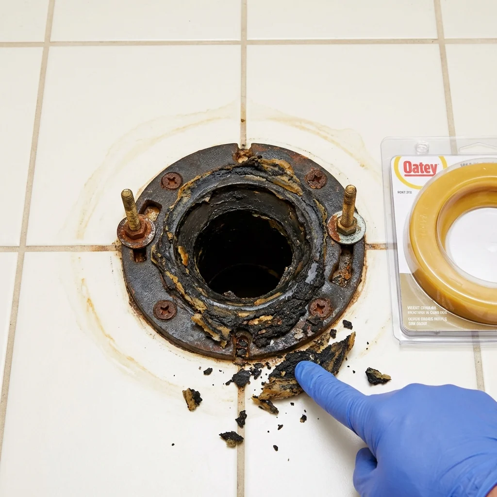 Failed wax ring showing water seepage at the base of a toilet in a Enterprise, OR home